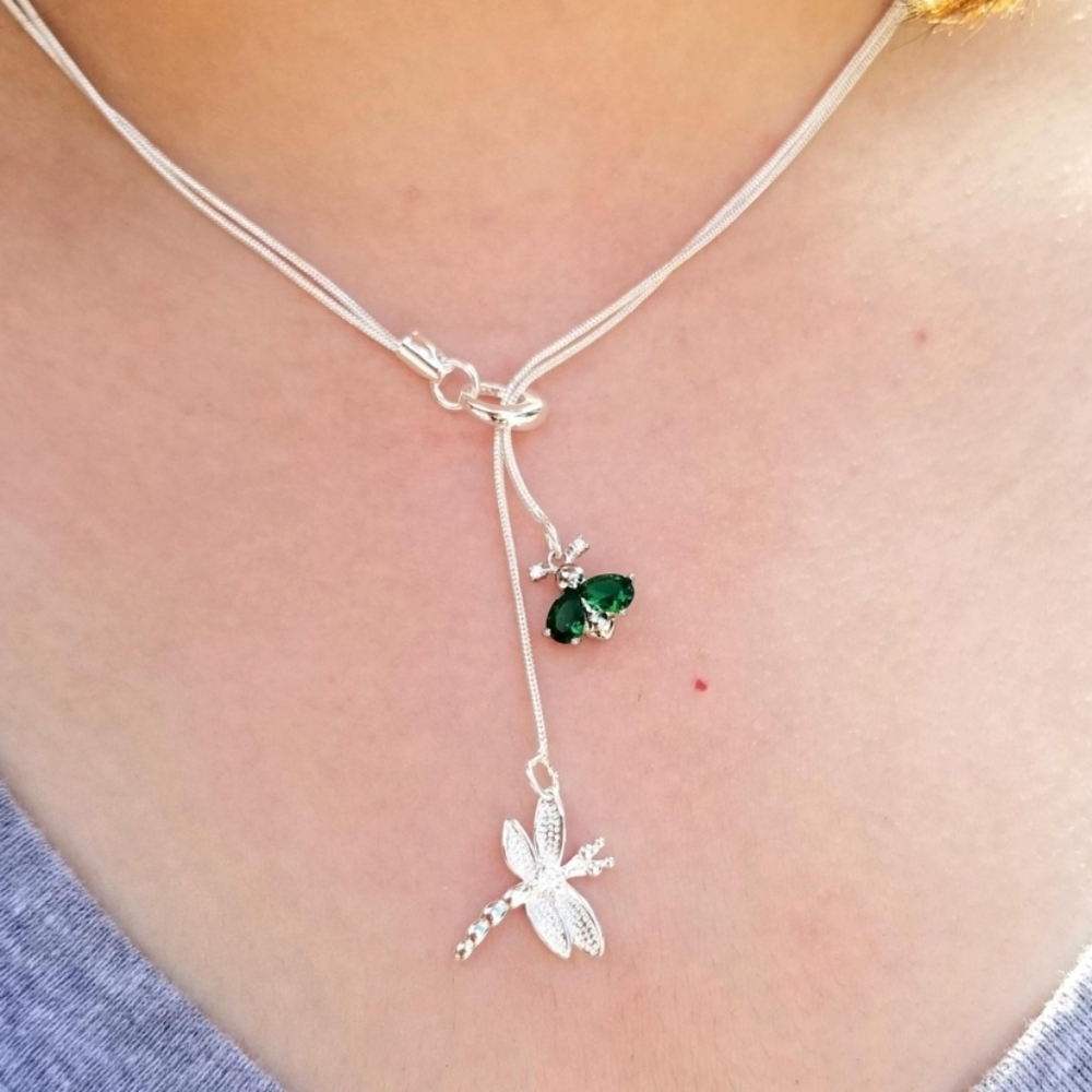Sterling Silver Emerald Bee &Dragonfly Lariat Necklace, May Birthstone